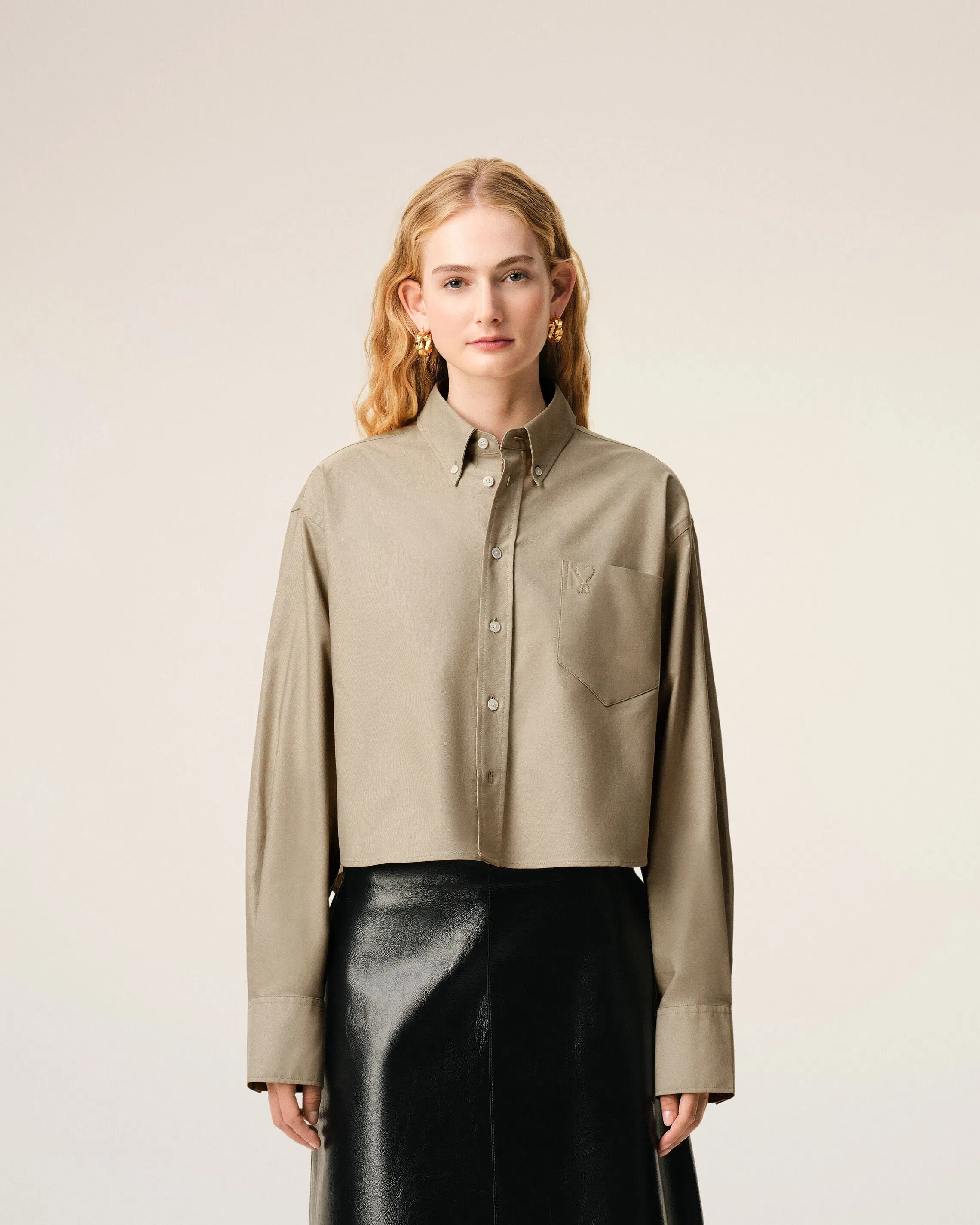 Beige Cotton Cropped Embossed Ami De Coeur Shirt Women's