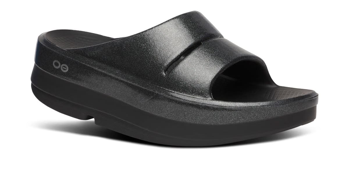 Oofos Women's Stacked Platform Slide Black Sparkle