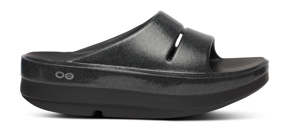 Oofos Women's Stacked Platform Slide Black Sparkle