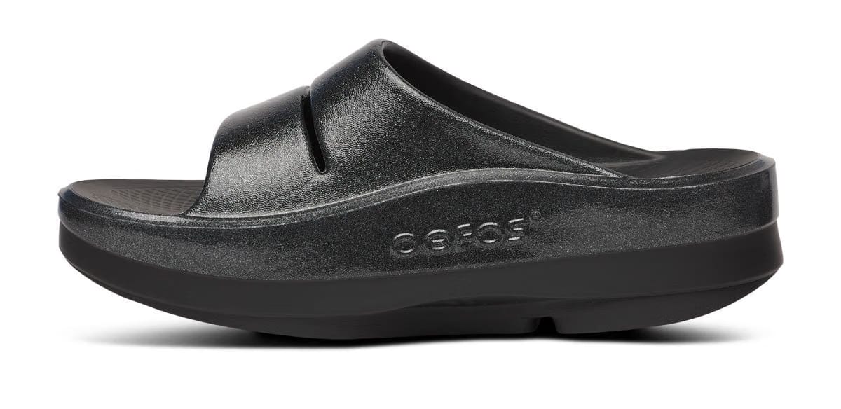 Oofos Women's Stacked Platform Slide Black Sparkle