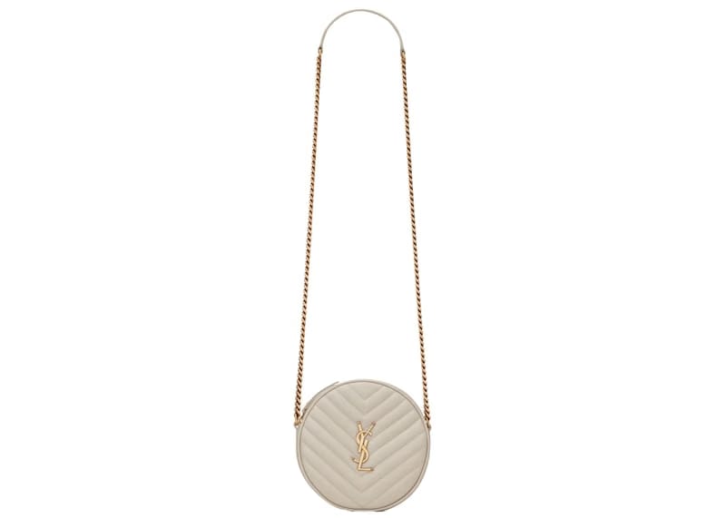 Saint Laurent Vinyle Round Camera Bag Chevron Quilted Grain de Poudre Blanc Vintage