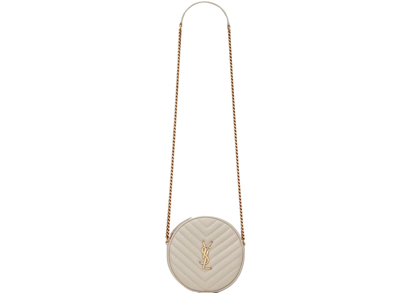 Saint Laurent Vinyle Round Camera Bag Chevron Quilted Grain de Poudre Blanc Vintage