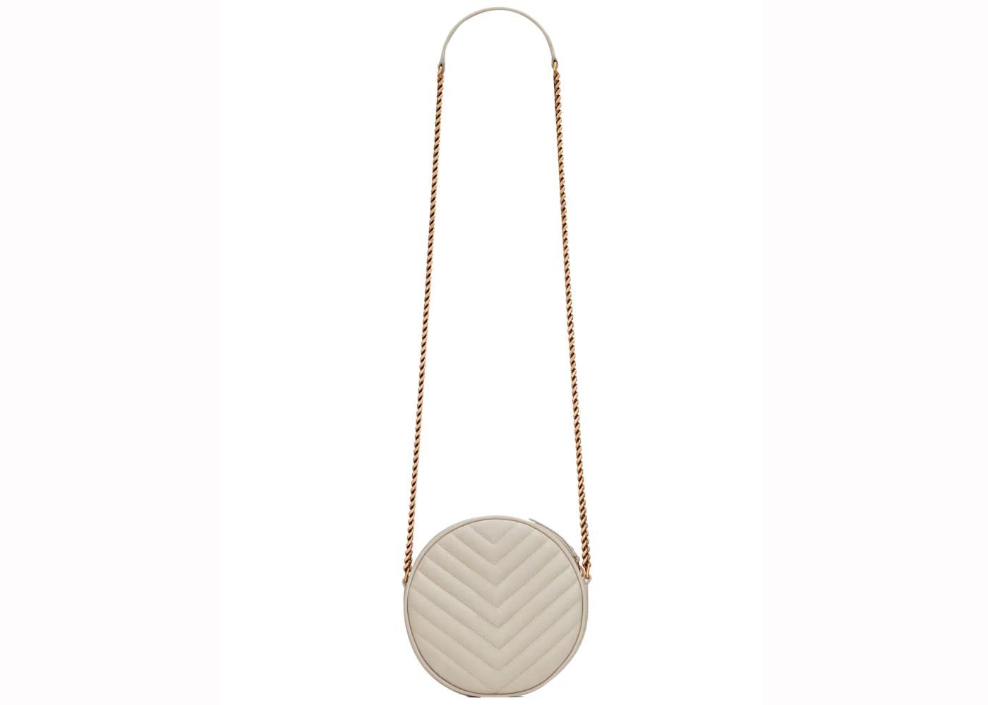 Saint Laurent Vinyle Round Camera Bag Chevron Quilted Grain de Poudre Blanc Vintage