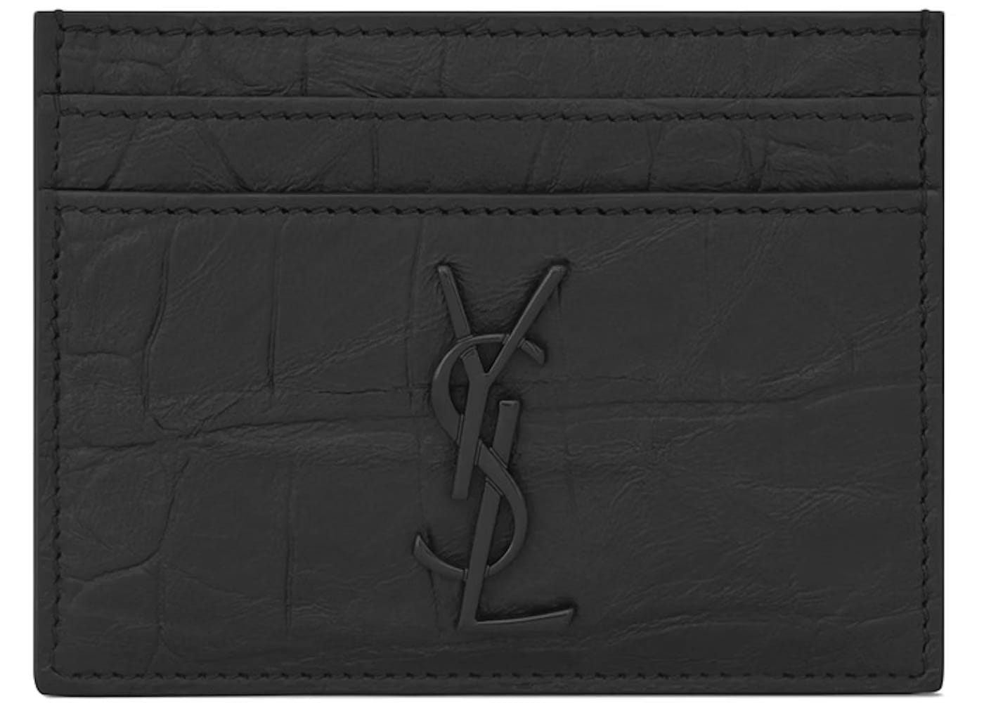 Saint Laurent Monogram Card Case Crocodile Embossed Leather Black