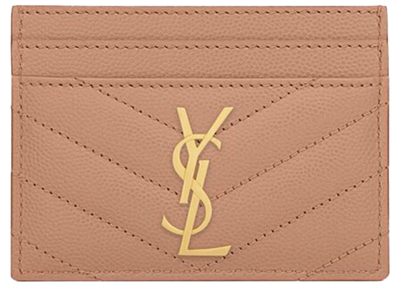 Saint Laurent Card Holder Monogram Quilted Textured Leather Vintage Peach