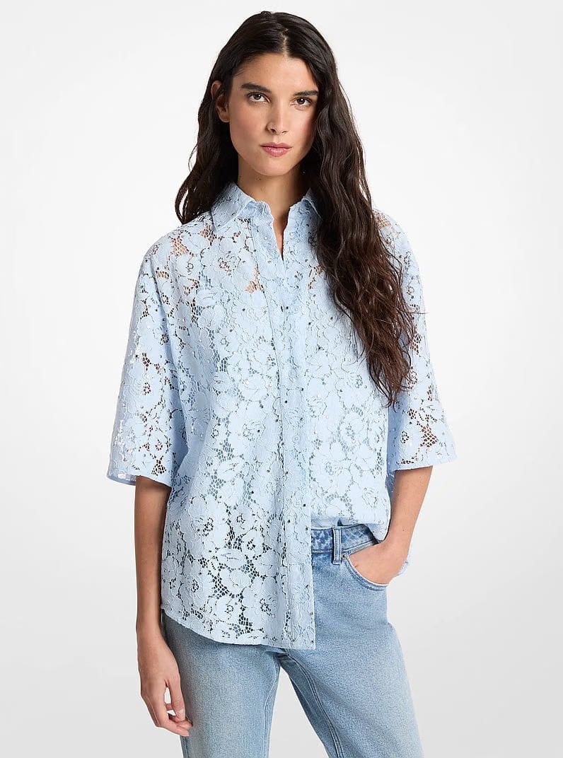 Michael Kors Studded Corded Floral Lace Shirt PASTEL BLUE