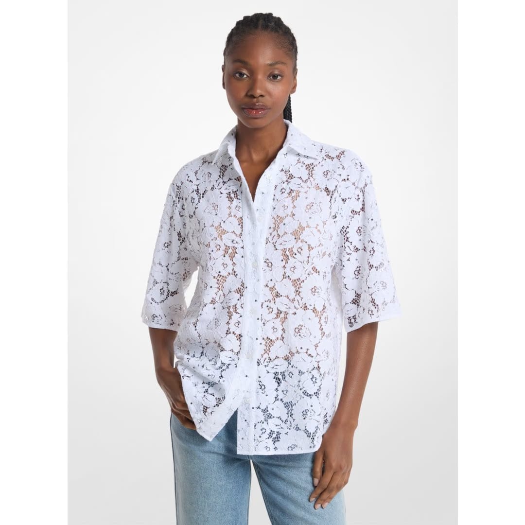 Michael Kors Studded Corded Floral Lace Shirt WHITE