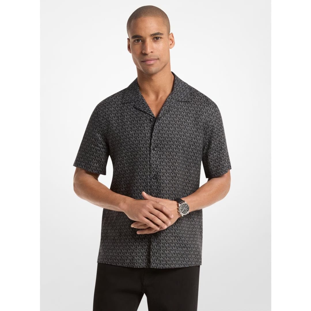 Michael Kors Signature Logo Linen Camp Shirt BLACK