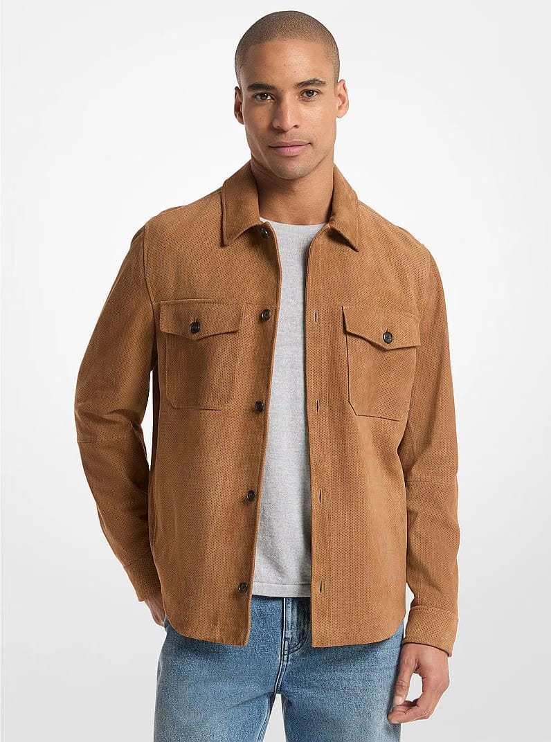 Michael Kors Perforated Suede Shirt Jacket DARK CAMEL