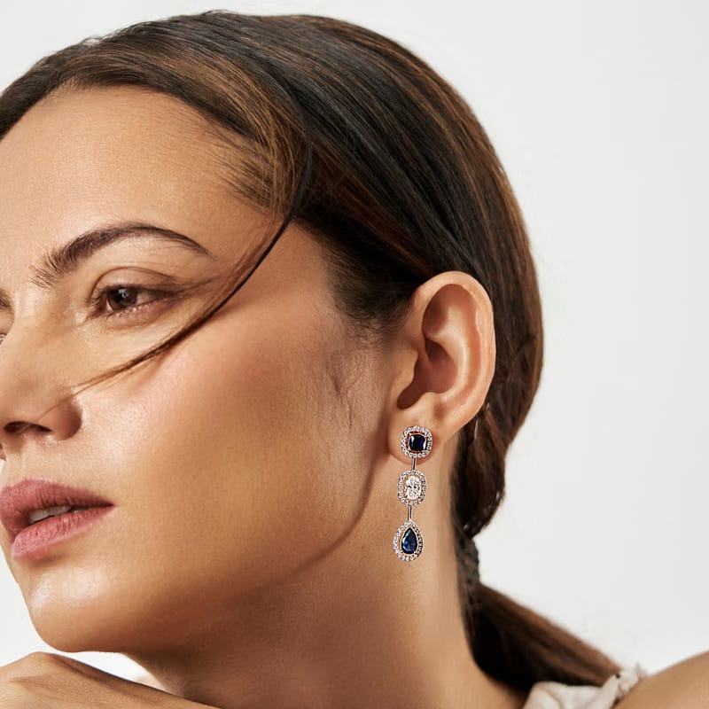 Blue Sapphire Lab Diamond Drop Earrings 9KT