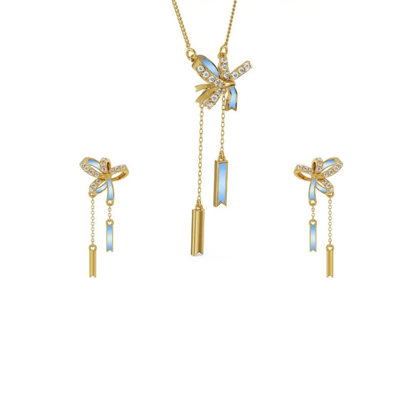 Charming Bow Tassel Lab Diamond Pendant Set 9KT
