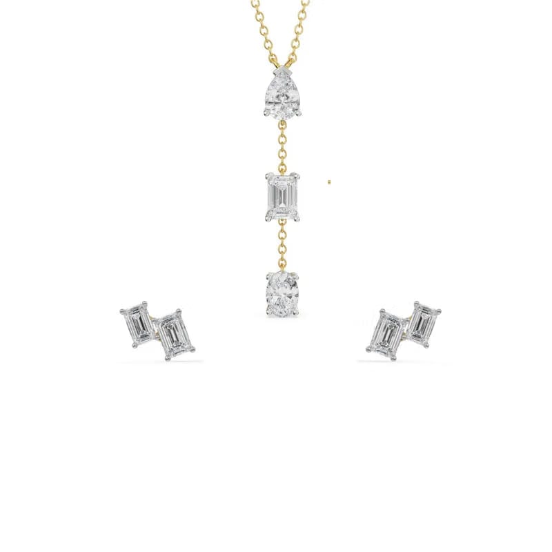 Emerald Tri Lab Diamond Necklace Set 9KT