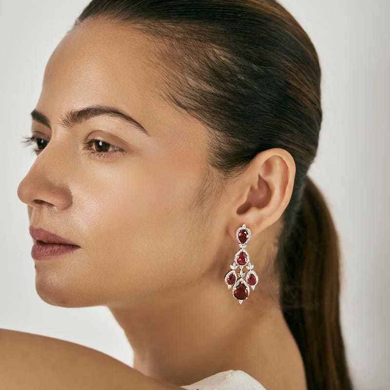 Ruby Pear Lab Diamond Dangle Earrings 9KT