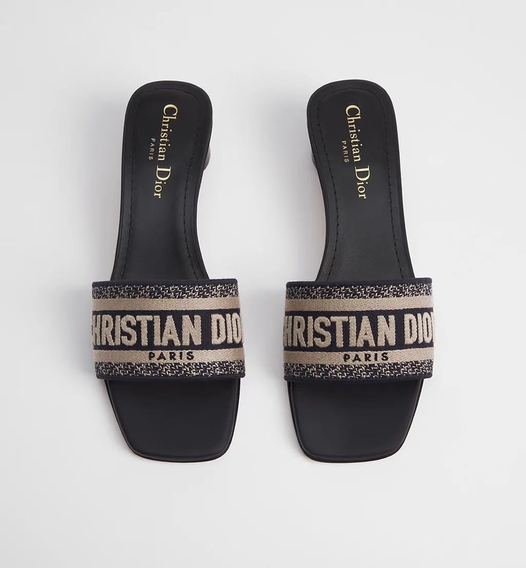 Dior Dway Heeled Slide Deep Blue Embroidered Cotton