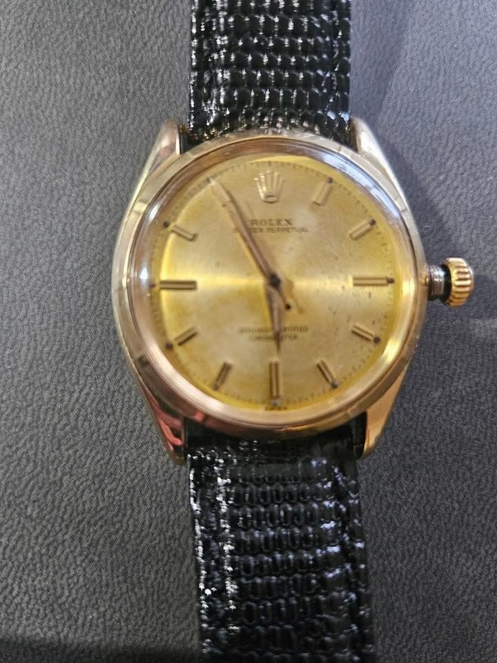 Rolex | Oyster Perpetual | 6565 | Yellow gold | 34 mm | Leather | Champagne | Automatic