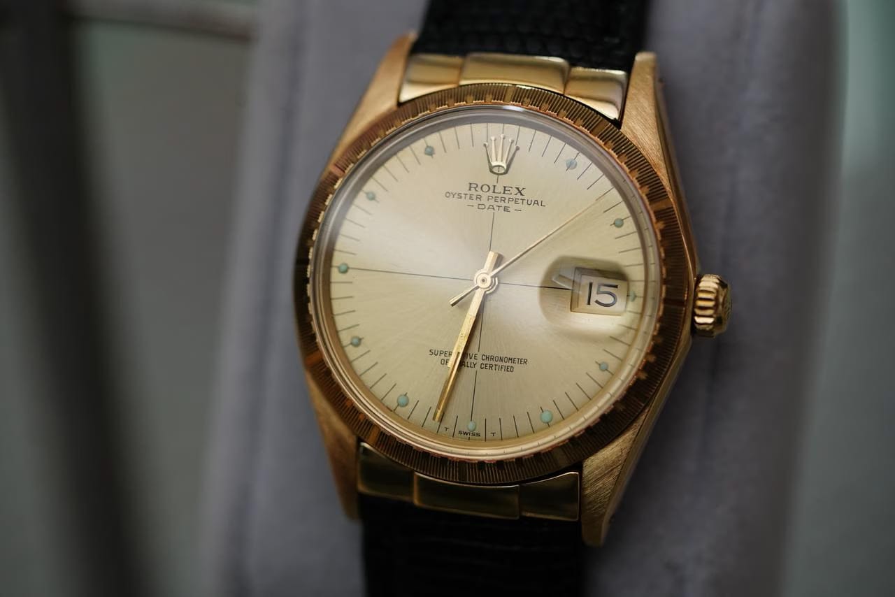 Rolex | Oyster Perpetual | 1512 | Yellow gold | 34 mm | Lizard skin | Champagne | Automatic