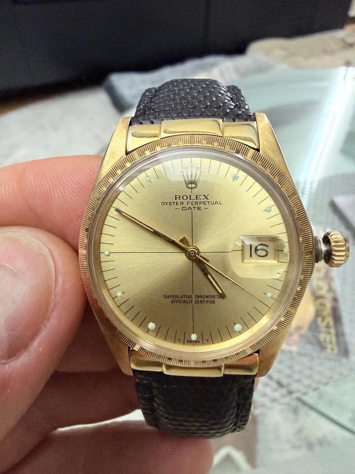 Rolex | Oyster Perpetual | 1512 | Yellow gold | 34 mm | Lizard skin | Champagne | Automatic