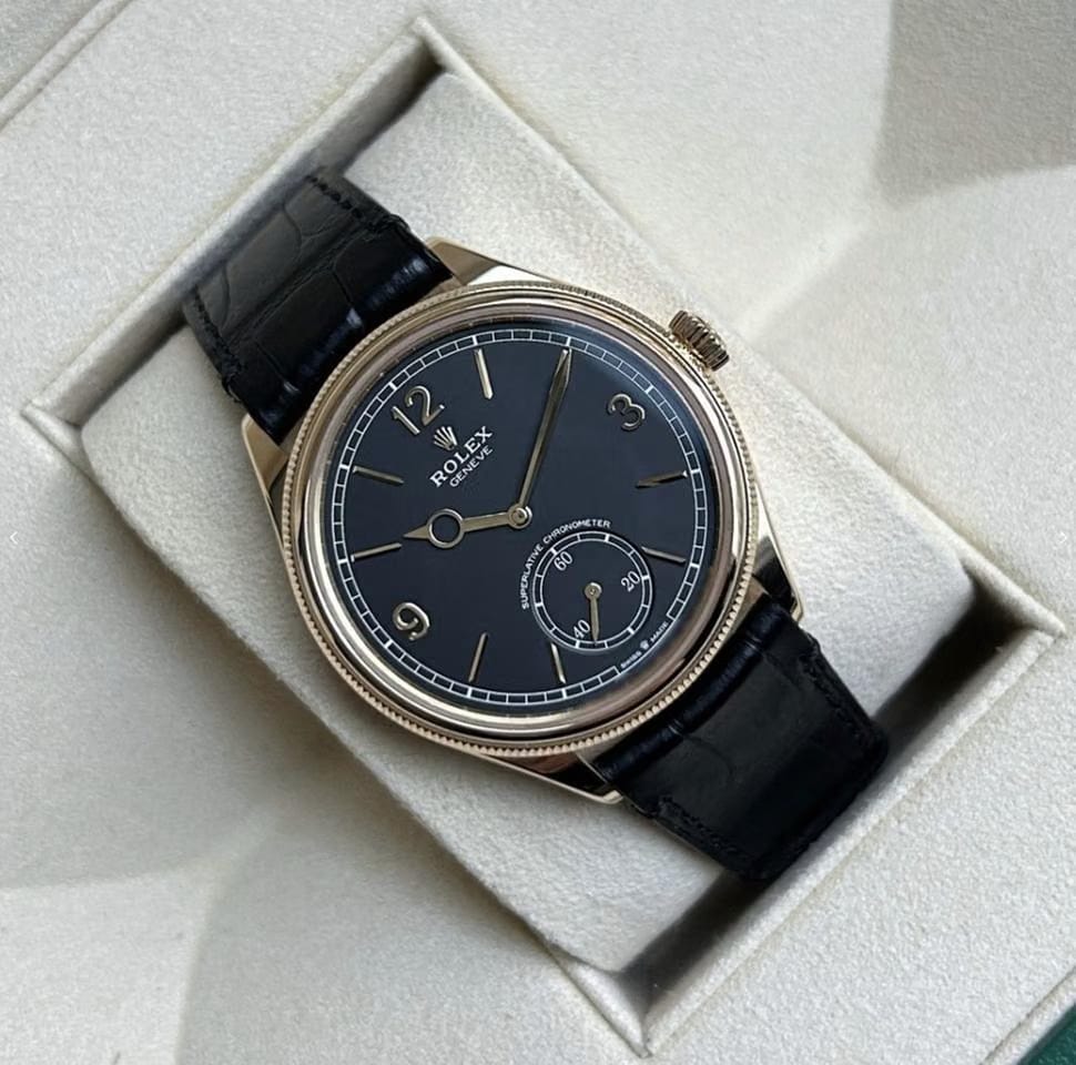 Rolex | 1908 | 52508 | Yellow gold | 39 mm | Leather | Black | Automatic