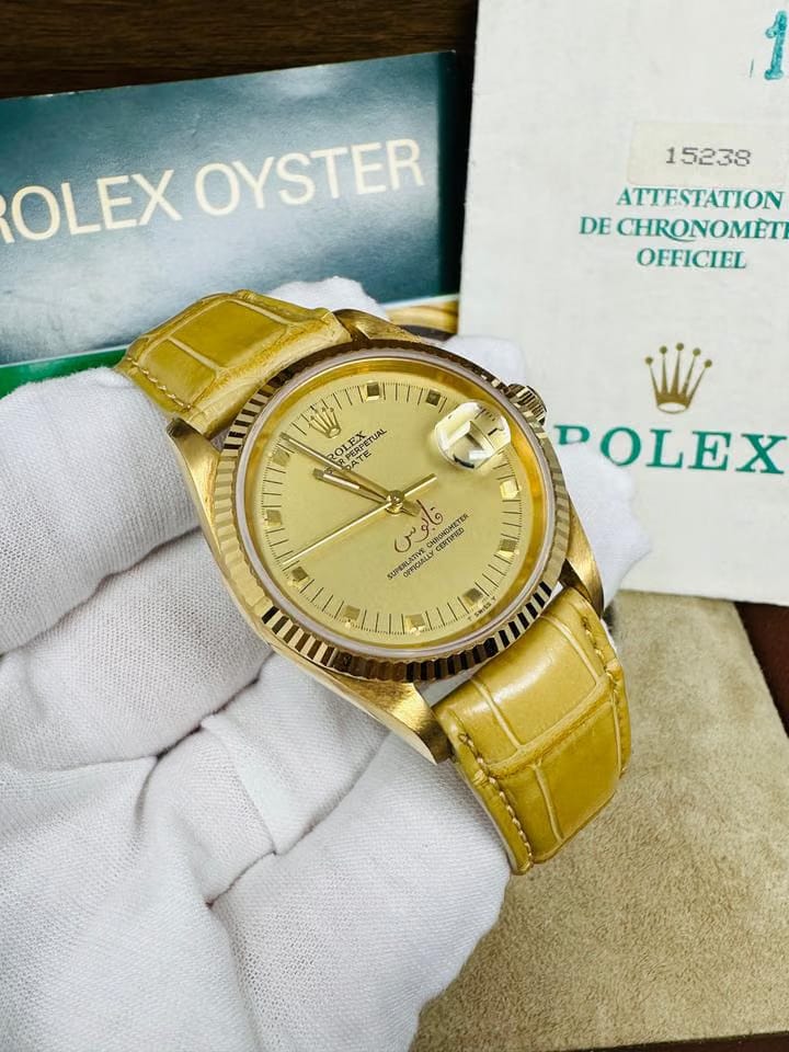 Rolex | Oyster Perpetual | 15238 | Yellow gold | 34 mm | Leather | Champagne | Automatic