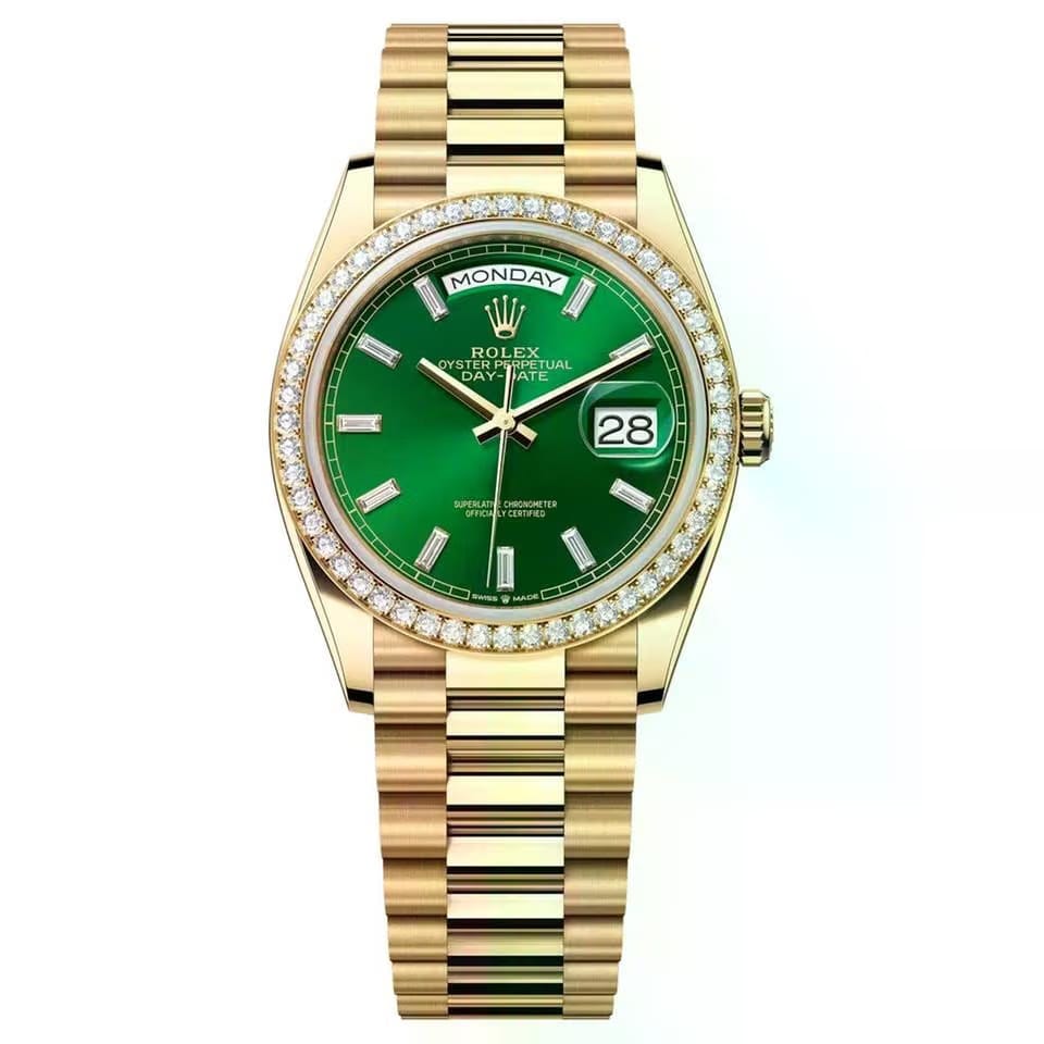 Rolex | Day-Date | 128348RBR-0078 | 36 mm | Yellow gold | Green | Automatic