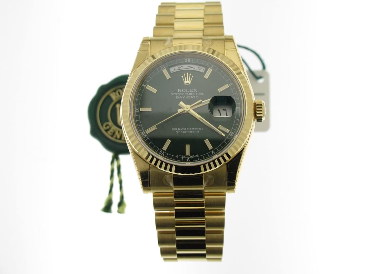 Rolex | Day-Date | 118238 | Yellow gold | 36 mm | Yellow gold | Green | Automatic