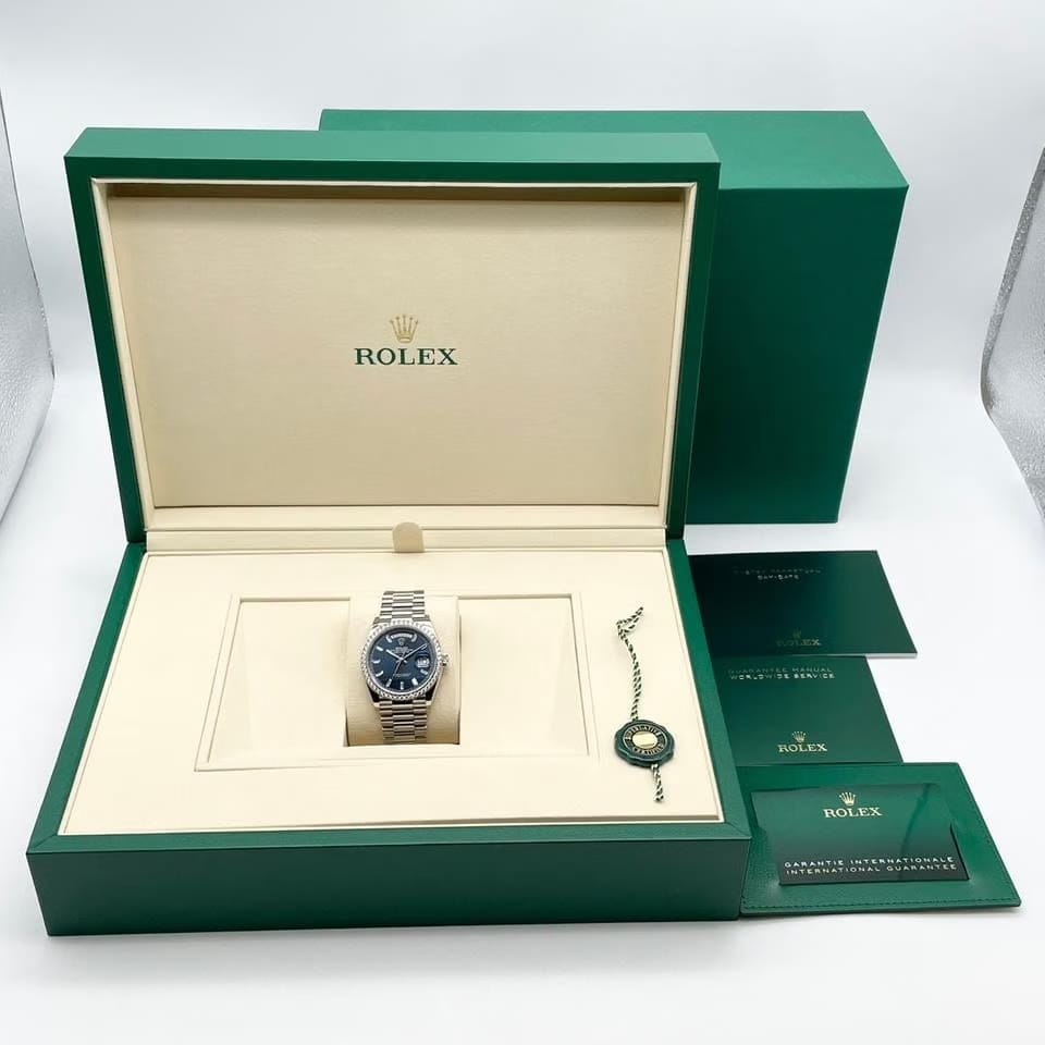 Rolex | Day-Date | 128349RBR | White gold | 36 x 43 mm | White gold | Blue | Automatic