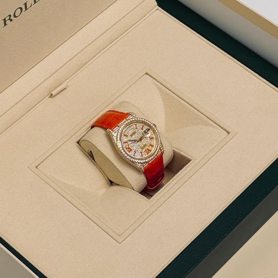 Rolex | Day-Date | 128158RBR | Yellow gold | 36 mm | Leather | White | Automatic