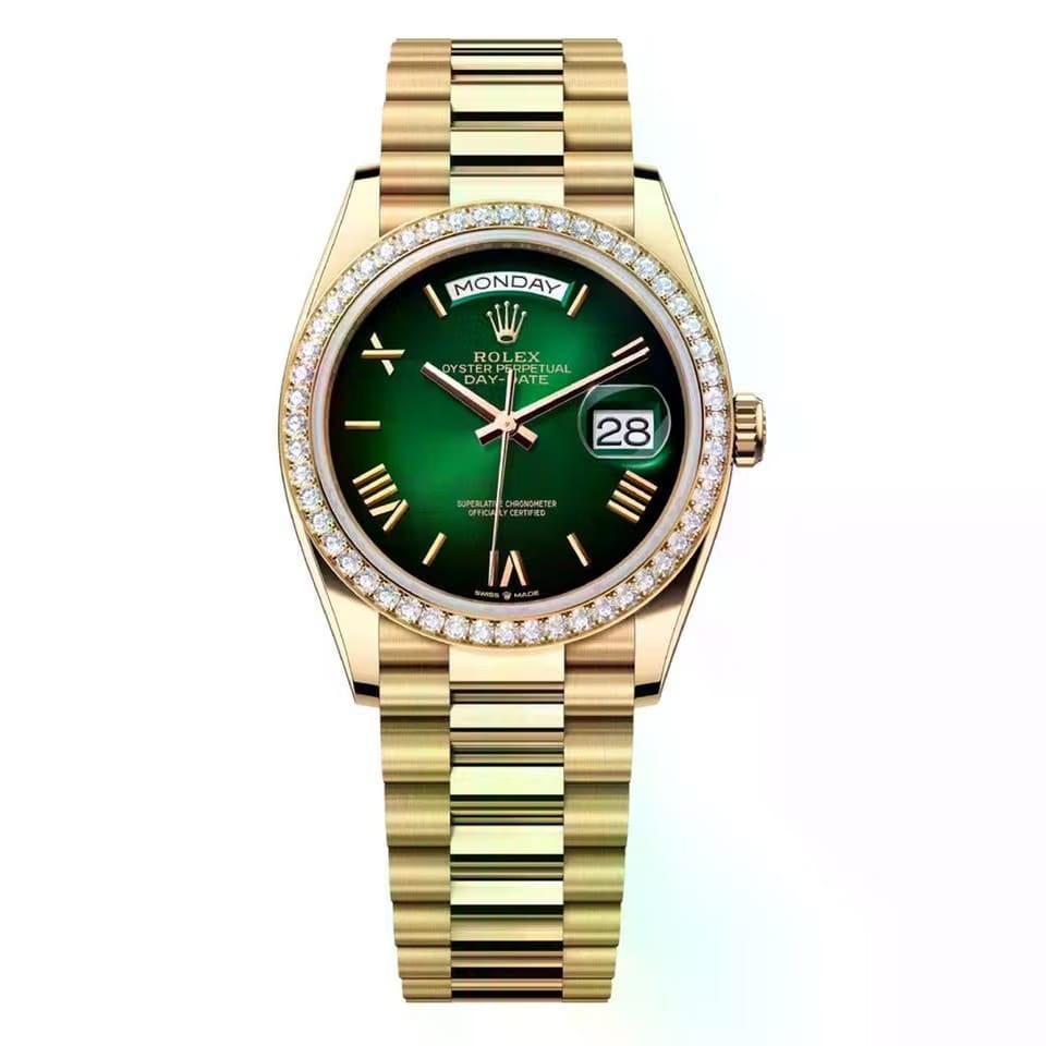 Rolex | Day-Date | 128348RBR-0068 | 36 mm | Yellow gold | Green | Automatic
