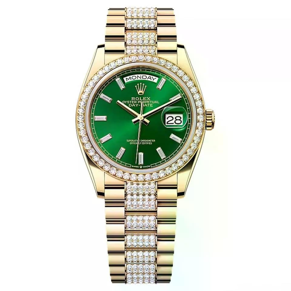 Rolex | Day-Date | 128348RBR-0079 | 36 mm | Yellow gold | Green | Automatic