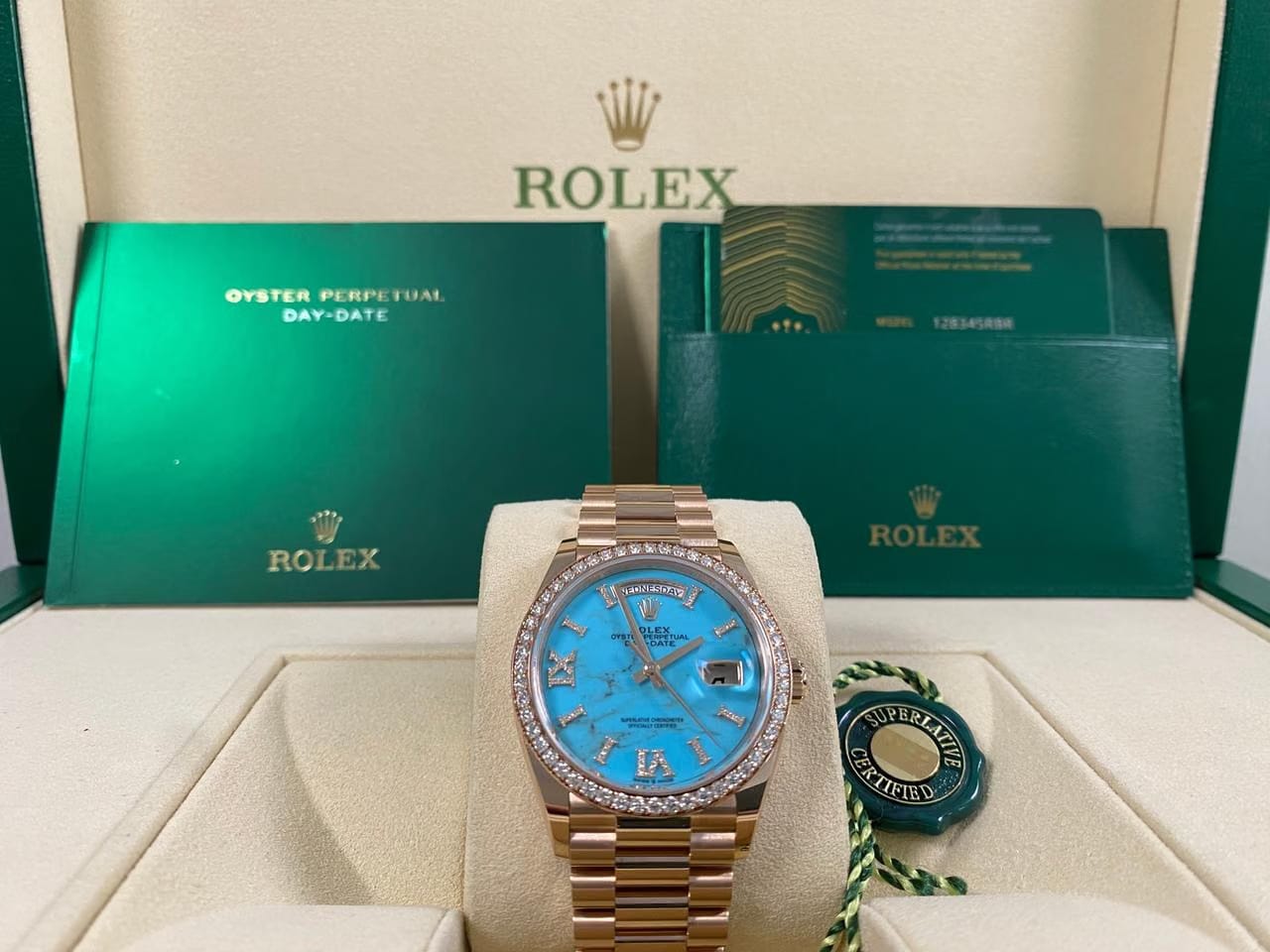Rolex | Day-Date | 128345RBR | Rose gold | 36 x 43 mm | Rose gold | Turquoise | Automatic