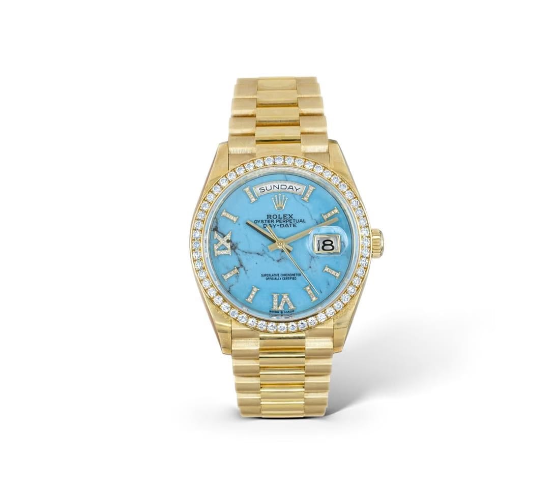 Rolex | Day-Date | 128348RBR | Yellow gold | 36 x 43 mm | Yellow gold | Blue | Automatic
