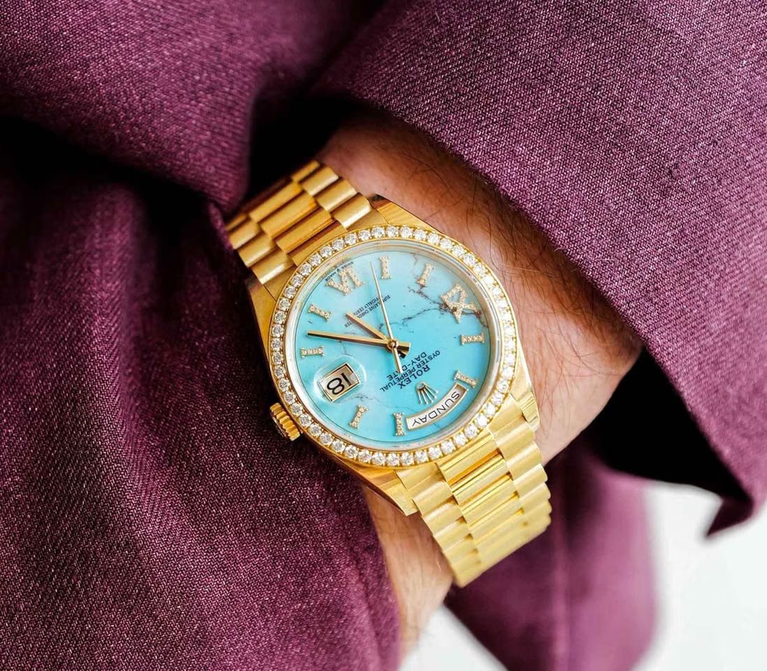 Rolex | Day-Date | 128348RBR | Yellow gold | 36 x 43 mm | Yellow gold | Blue | Automatic