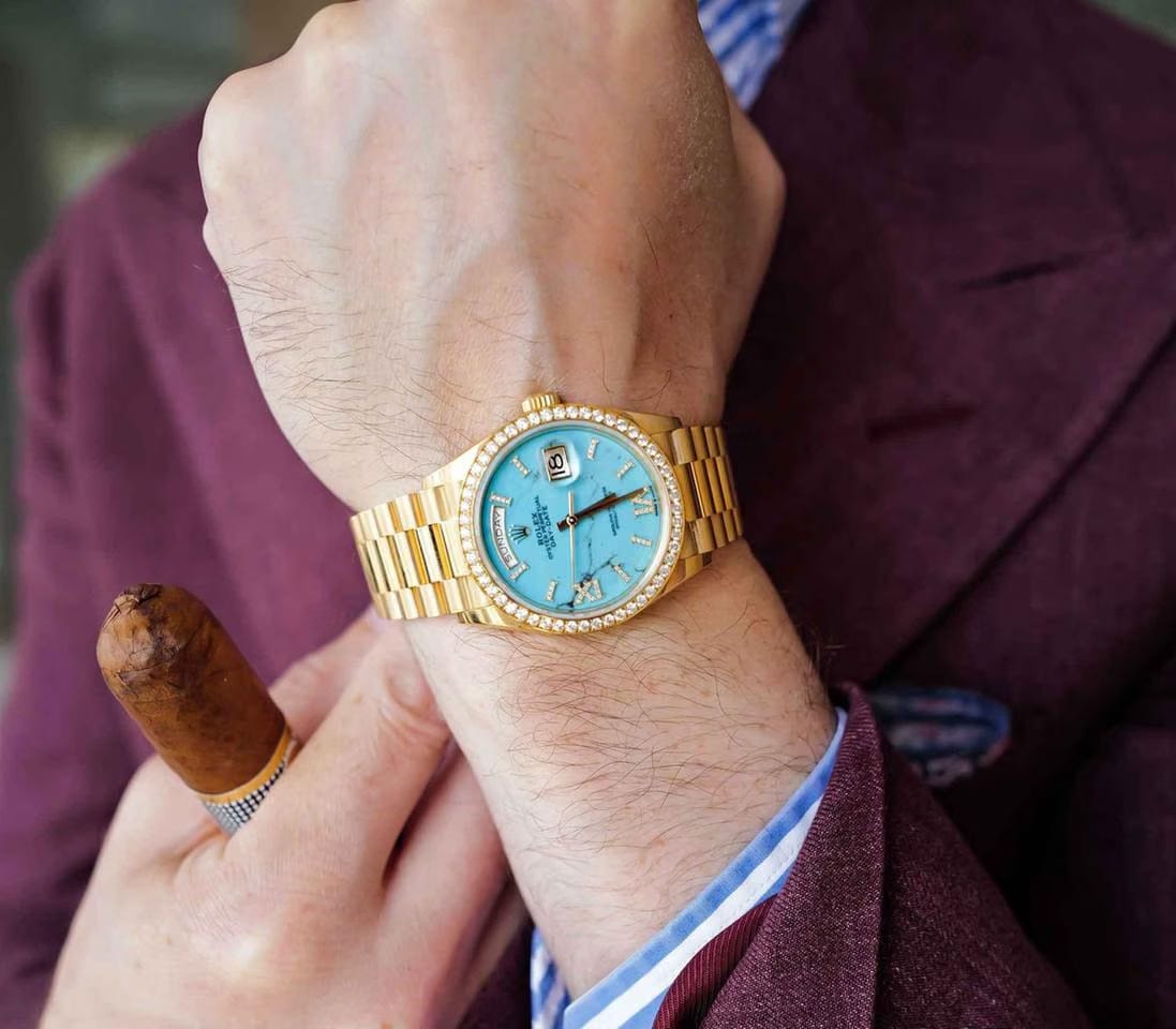 Rolex | Day-Date | 128348RBR | Yellow gold | 36 x 43 mm | Yellow gold | Blue | Automatic