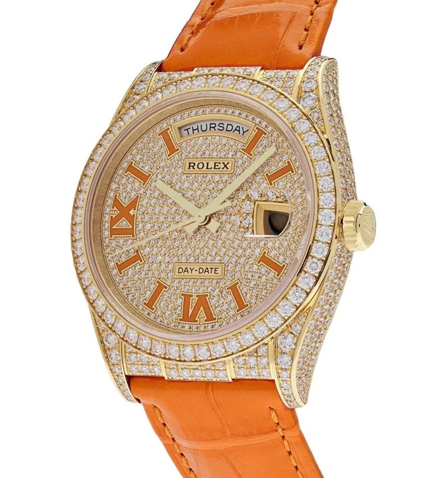 Rolex | Day-Date | 128158RBR | Yellow gold | 36 mm | Leather | Orange | Automatic