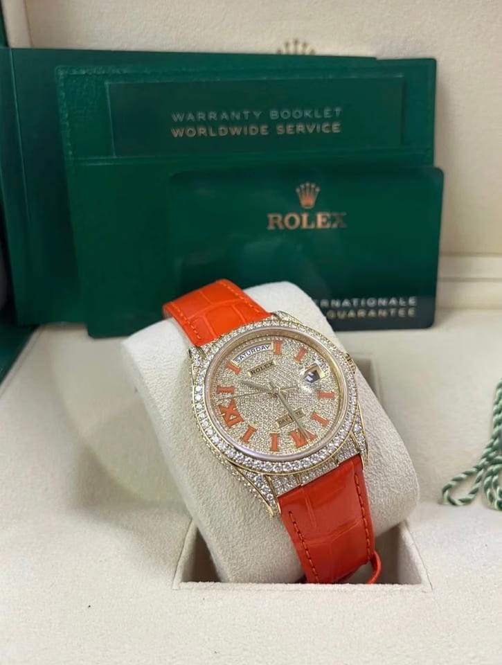 Rolex | Day-Date | 128158RBR | Yellow gold | 36 mm | Leather | Orange | Automatic