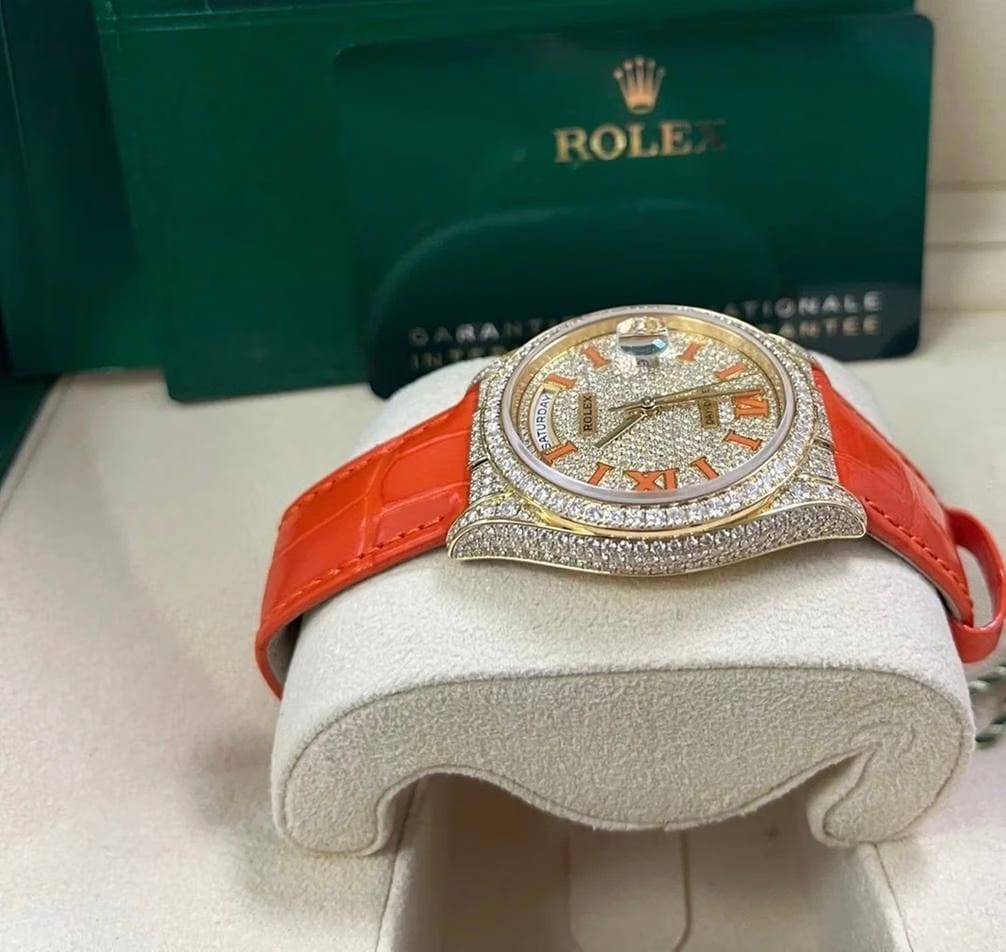 Rolex | Day-Date | 128158RBR | Yellow gold | 36 mm | Leather | Orange | Automatic