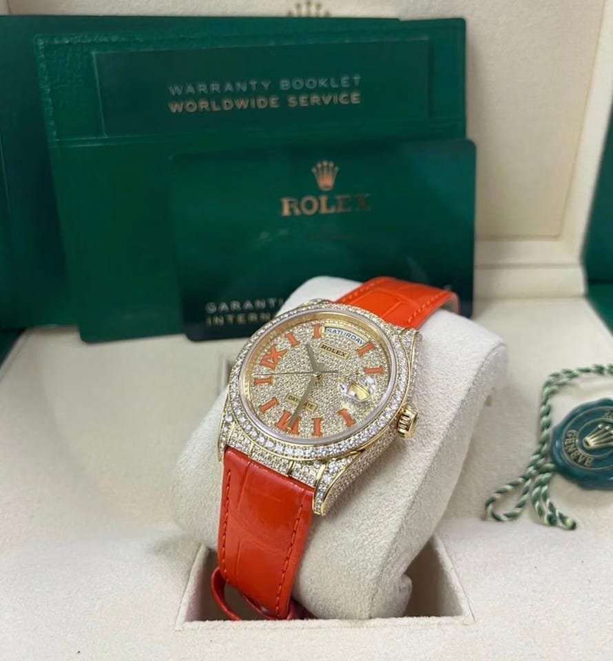 Rolex | Day-Date | 128158RBR | Yellow gold | 36 mm | Leather | Orange | Automatic