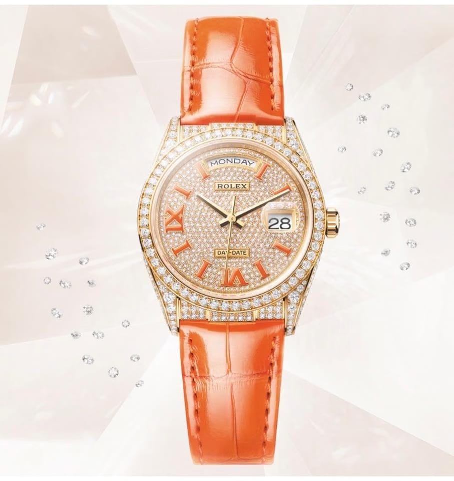 Rolex | Day-Date | 128158RBR | Yellow gold | 36 mm | Leather | Orange | Automatic
