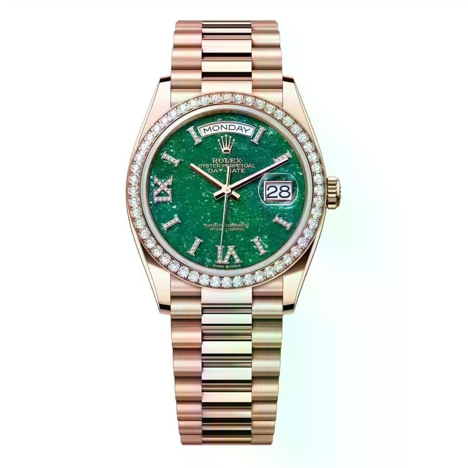 Rolex | Day-Date | 128345RBR-0068 | 36 mm | Rose gold | Green | Automatic