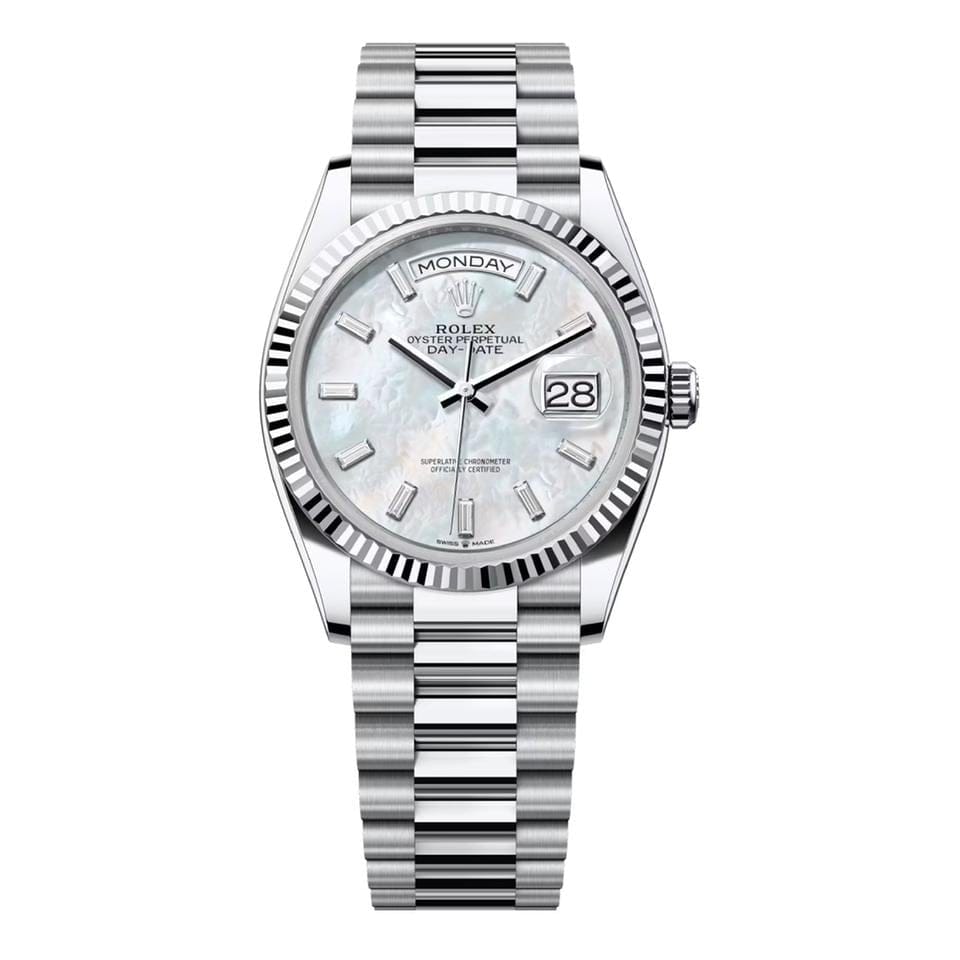 Rolex | Day-Date | 128236-0021 | 36 mm | Platinum | Mother of pearl | Automatic