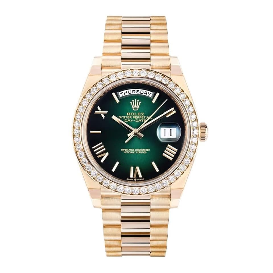 Rolex | Day-Date | 228348RBR | Yellow gold | 40 mm | Yellow gold | Green | Automatic