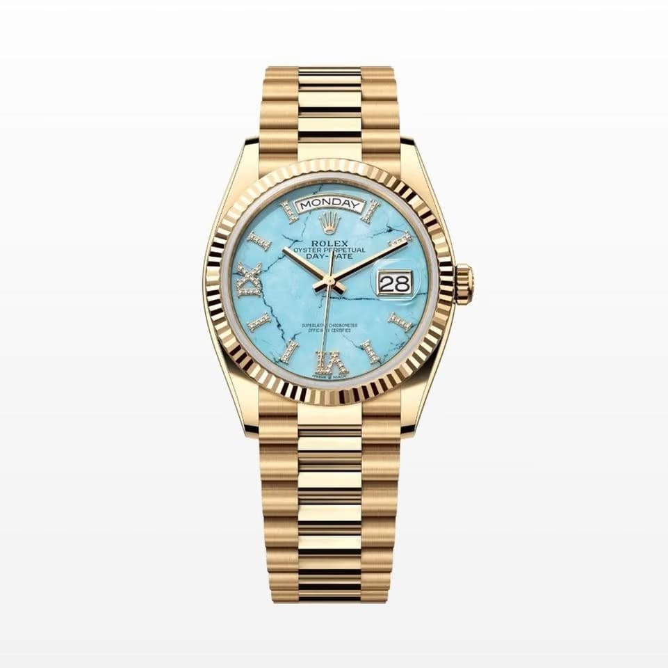 Rolex | Day-Date | 128238 | Yellow gold | 36 x 43 mm | Yellow gold | Turquoise | Automatic