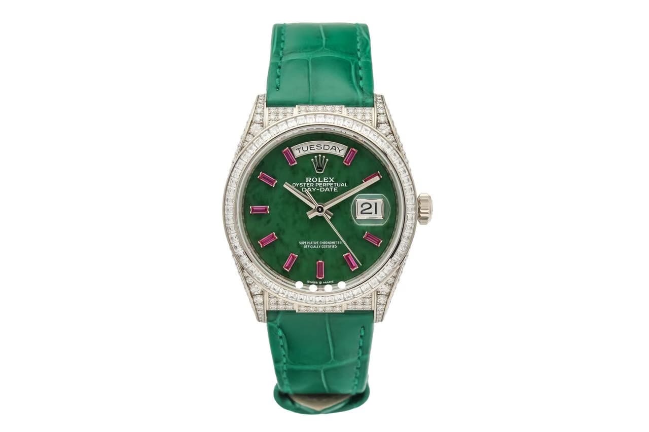 Rolex | Day-Date | 128459TBR | White gold | Crocodile skin | Green | Automatic