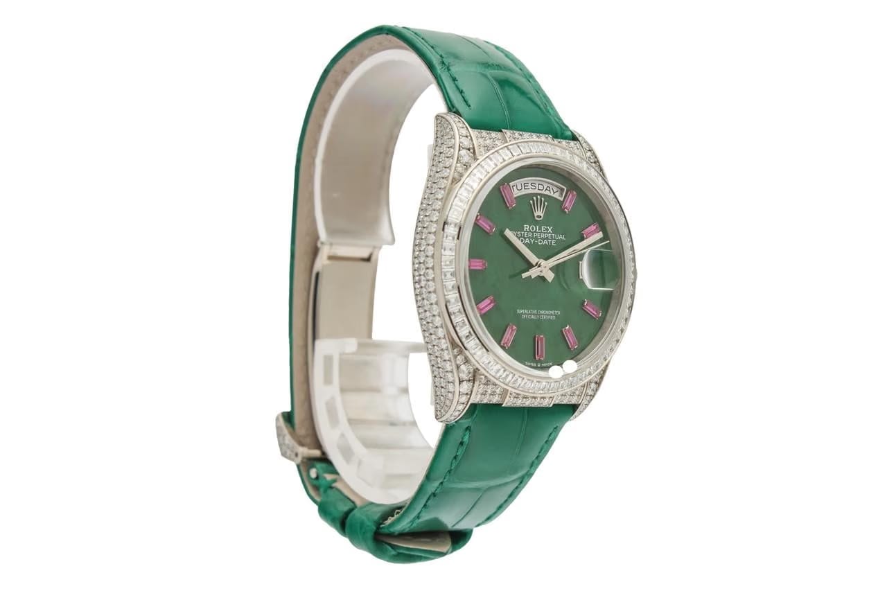Rolex | Day-Date | 128459TBR | White gold | Crocodile skin | Green | Automatic