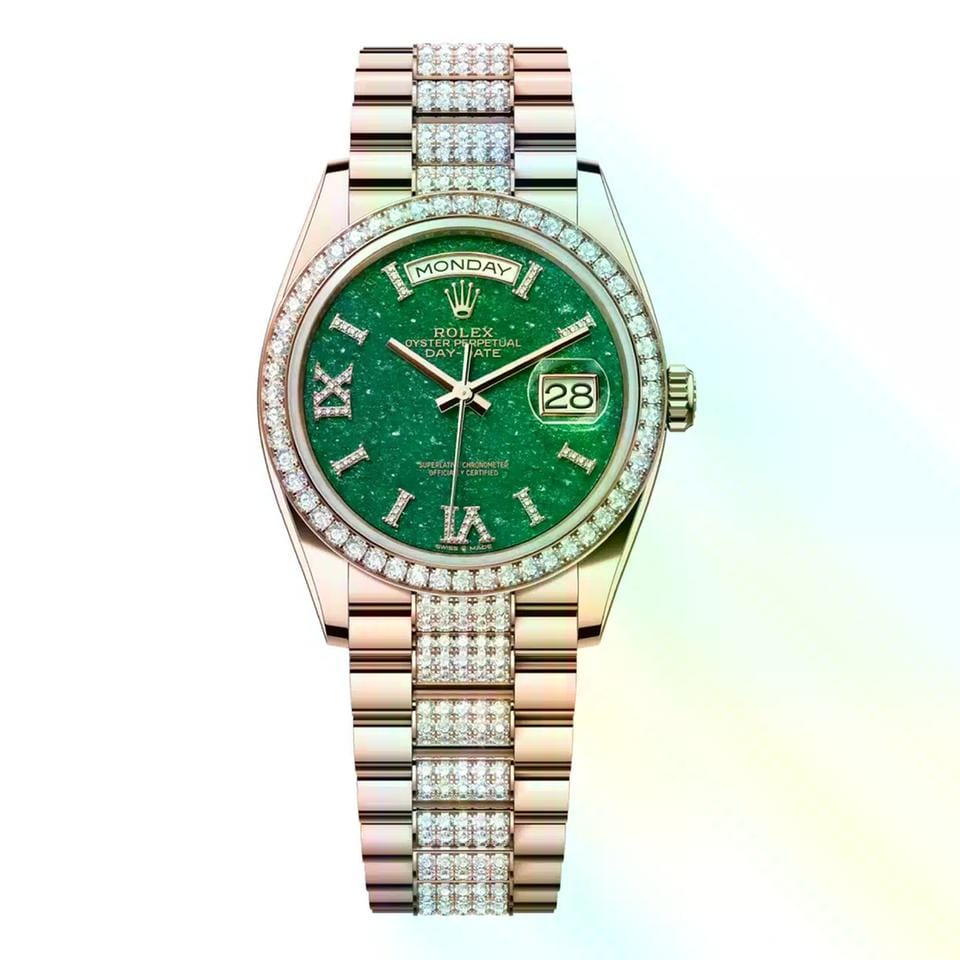 Rolex | Day-Date | 128345RBR-0069 | 36 mm | Rose gold | Green | Automatic