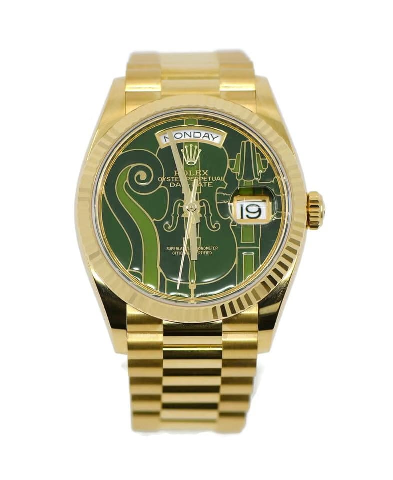 Rolex | Day-Date | 128238-0121 | Yellow gold | 36 mm | Yellow gold | Green | Automatic