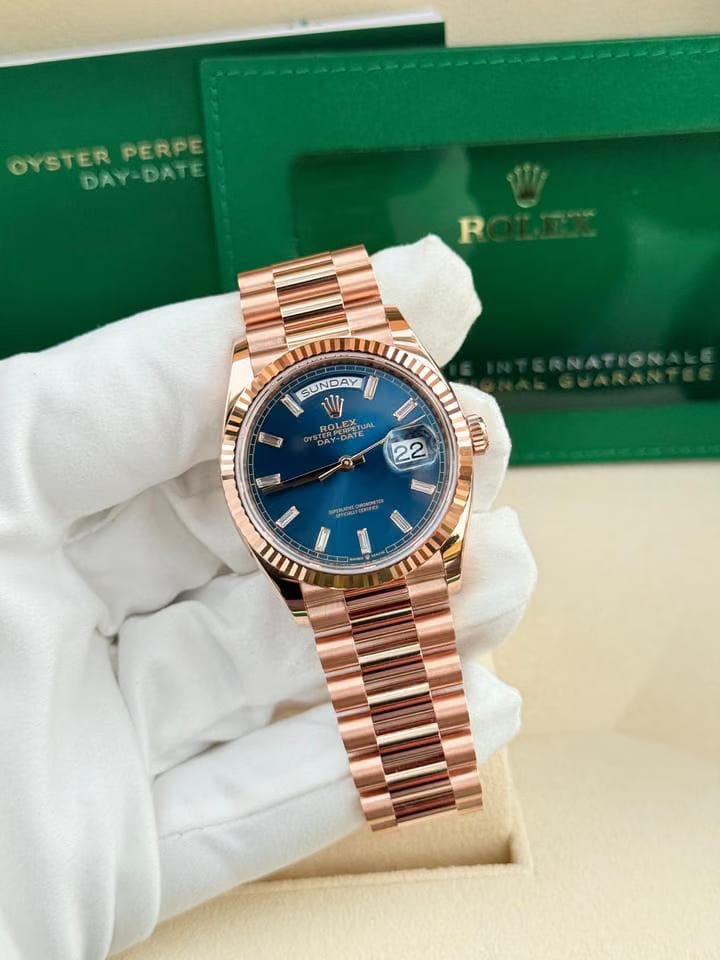 Rolex Day-Date 3636mm 18kt Rose Gold on Blue Baguette Diamond Dial NEW 2024