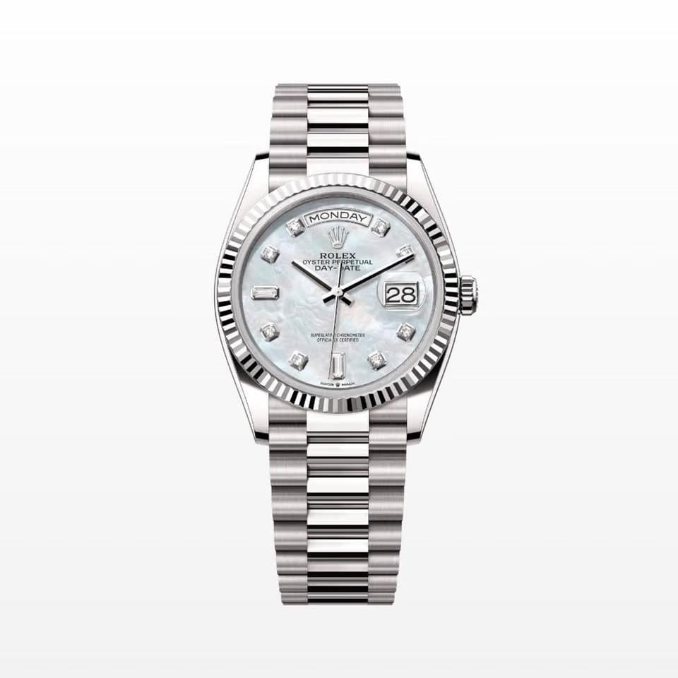 Rolex | Day-Date | 128239 | White gold | 36 x 43 mm | White gold | Mother of pearl | Automatic