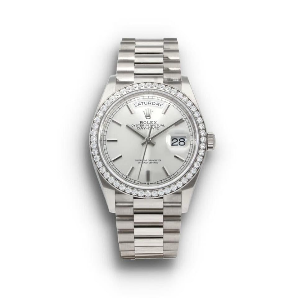 Rolex | Day-Date | 128349RBR-0001 | White gold | 36 mm | White gold | Silver | Automatic
