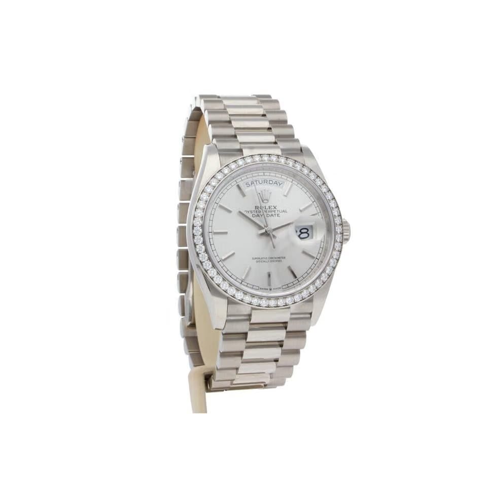 Rolex | Day-Date | 128349RBR-0001 | White gold | 36 mm | White gold | Silver | Automatic